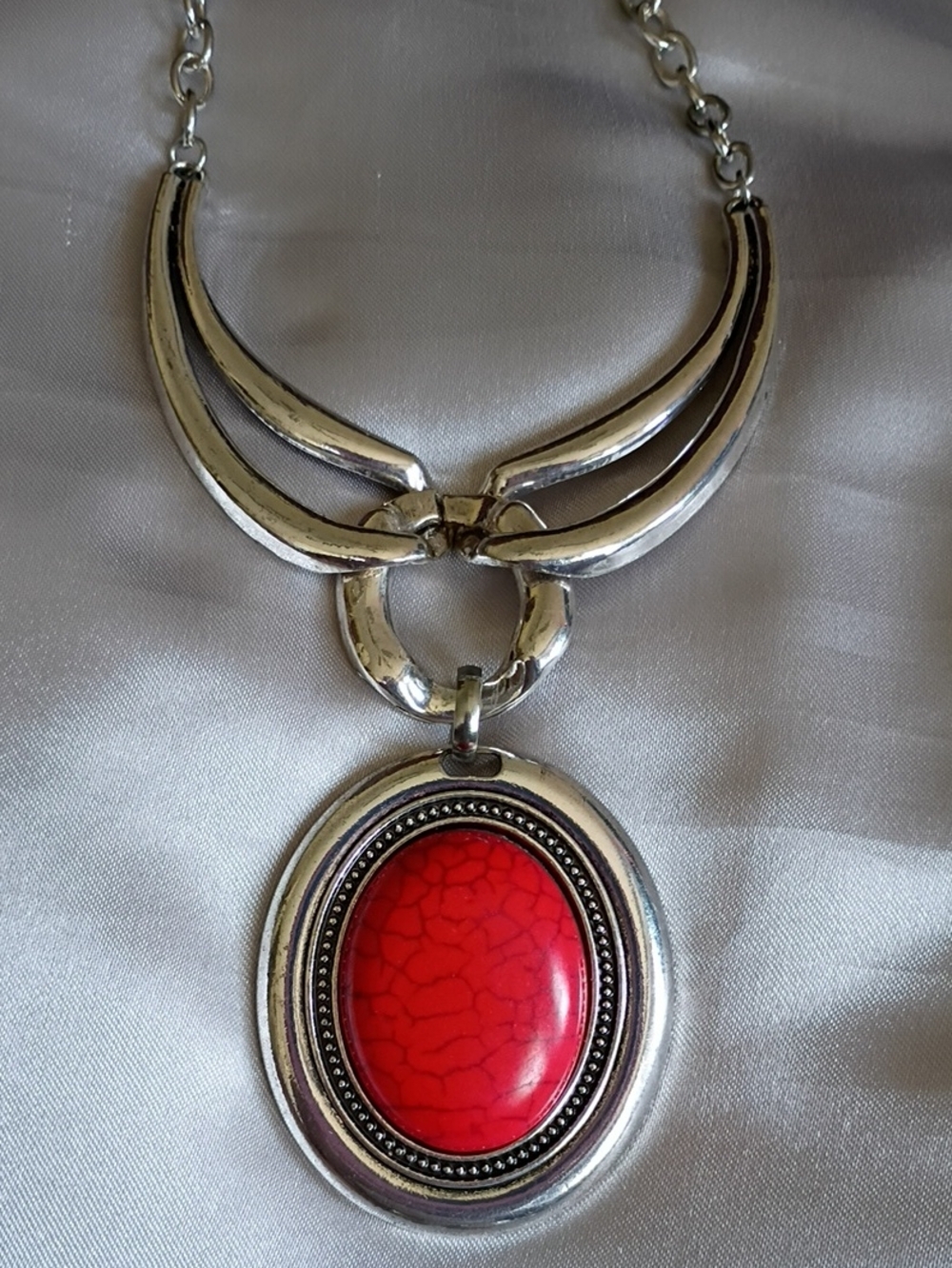 Silver-Tone Necklace with Red Oval Pendant - Women's Jewelry